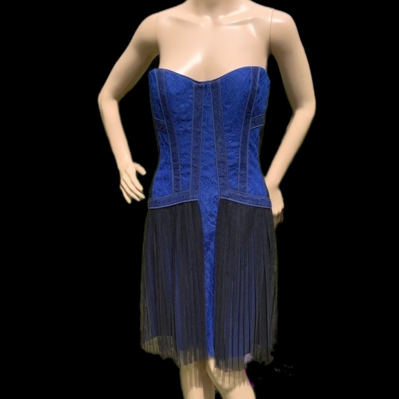 NWT $338 BCBGMAXAZRIA | Galia |  Strapless Fringe Hem Lace Corset Dress in Blue - Picture 3 of 16